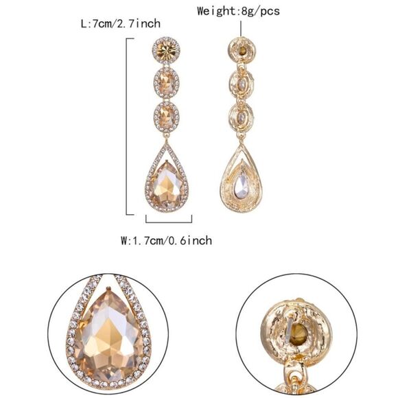 Yellow Gold with Champagne Topaz Crystal Teardrop Halo Chandelier Post Earrings - Picture 6 of 6